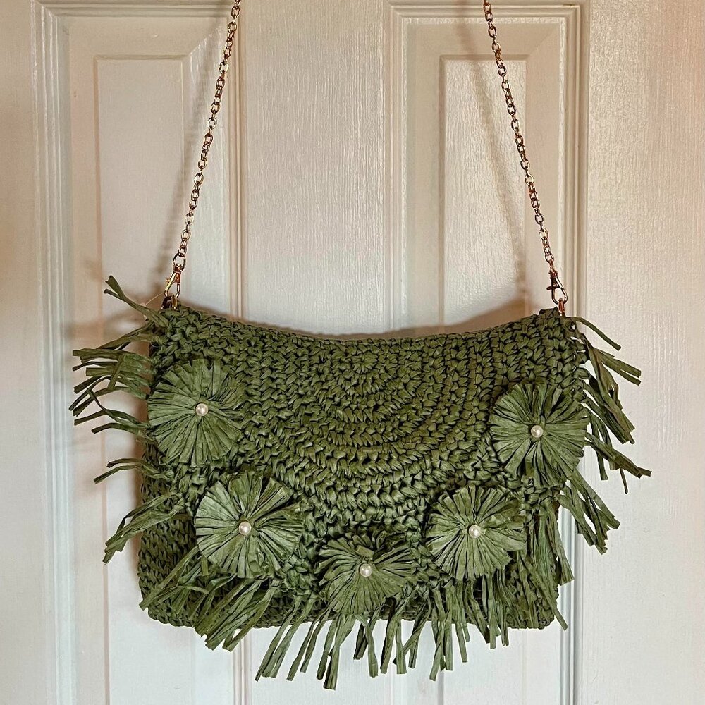 Urban Expressions Green Straw Crossbody Handbag Purse